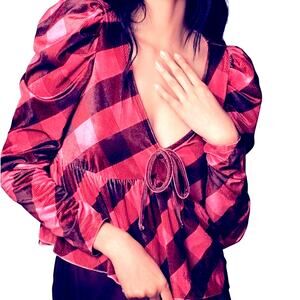 $78 NWT ANTHROPOLOGIE MAEVE velvet babydoll top pink plaid L